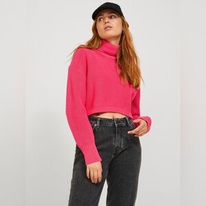 JJXX 100% Cotton Pink Ribbed Turtleneck Cropped Sweater | Pink Glo